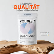 Youngle Essentials⁺ Formula dietary supplement in a sleek container with label, designed for daily nutritional support.