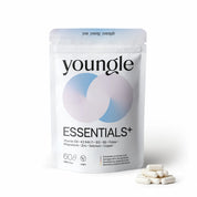 Youngle Essentials⁺ Formula dietary supplement capsules in a clear bottle, showcasing the supplement's capsules inside.