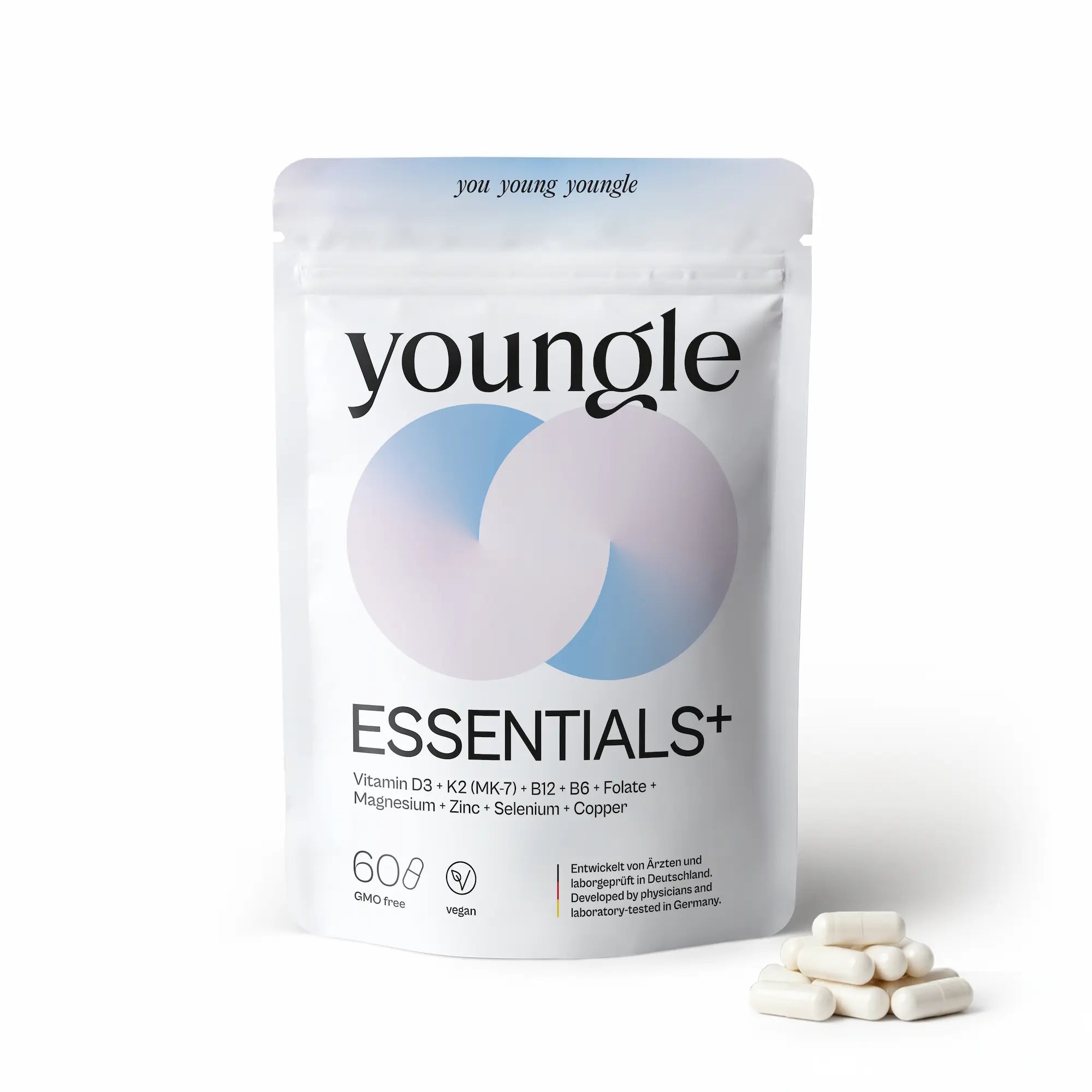 Youngle Essentials⁺ Formula dietary supplement capsules in a clear bottle, showcasing the supplement's capsules inside.